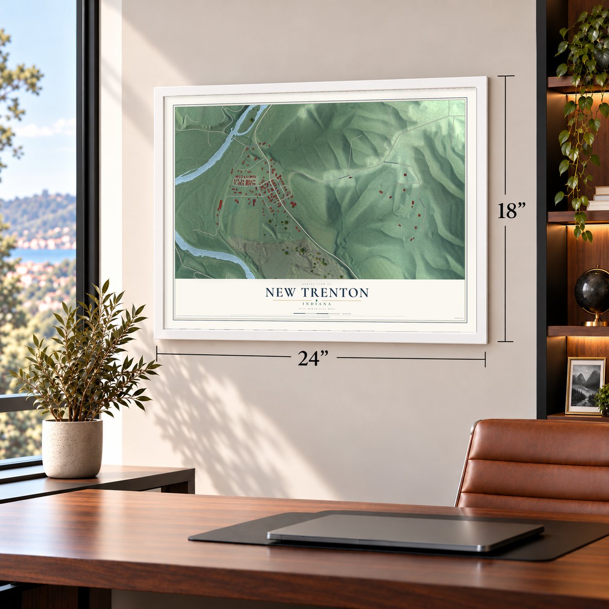 New Trenton, Indiana map, 18 x 24 inch print in a white frame in a home office