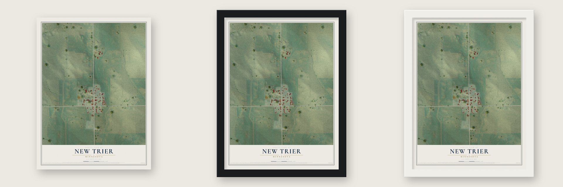 New Trier, Minnesota map unframed, in a black wood frame and in a white wood frame