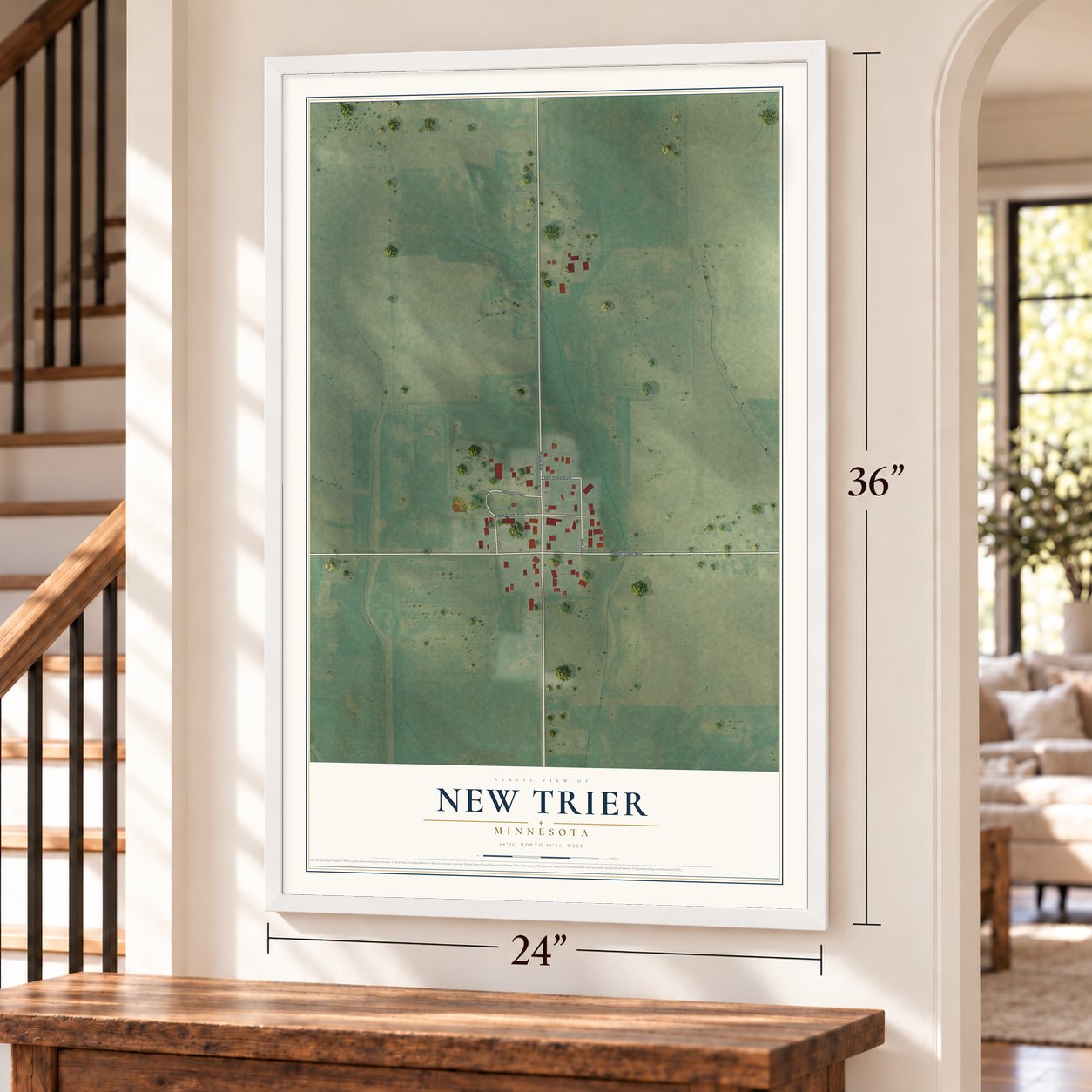 New Trier, Minnesota map, 24 x 36 inch print in a white frame by a staircase