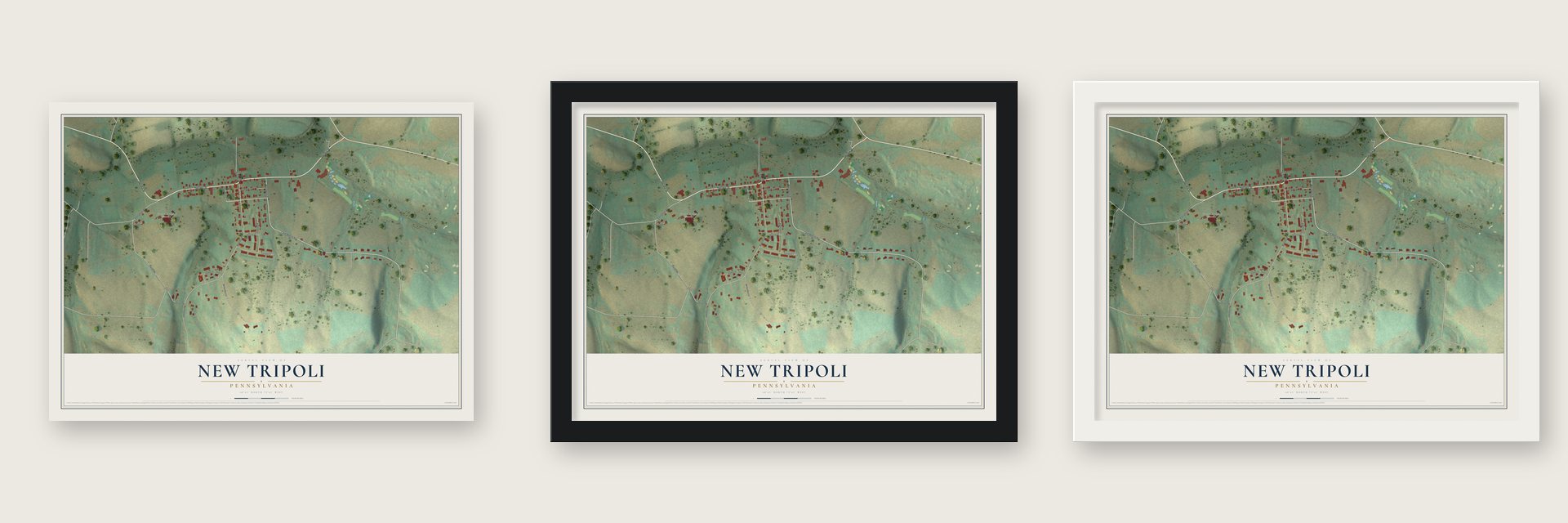 New Tripoli, Pennsylvania map unframed, in a black wood frame and in a white wood frame