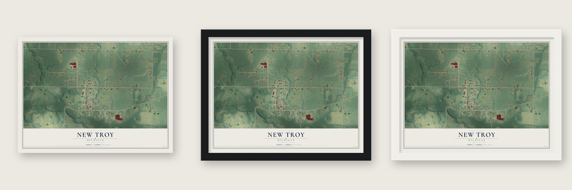 New Troy, Michigan map unframed, in a black wood frame and in a white wood frame