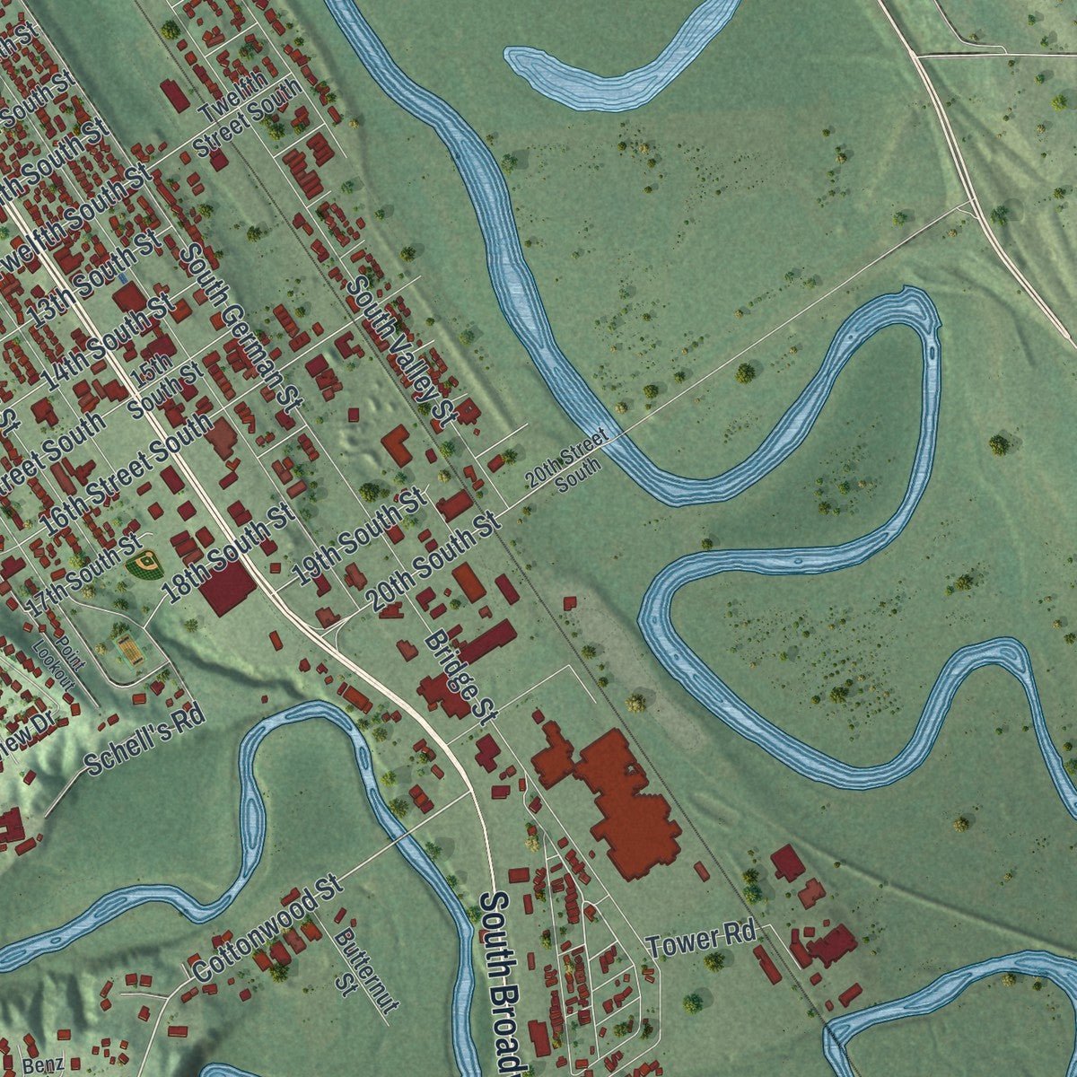 Second close-up of the map of New Ulm, Minnesota print showing more streets and buildings