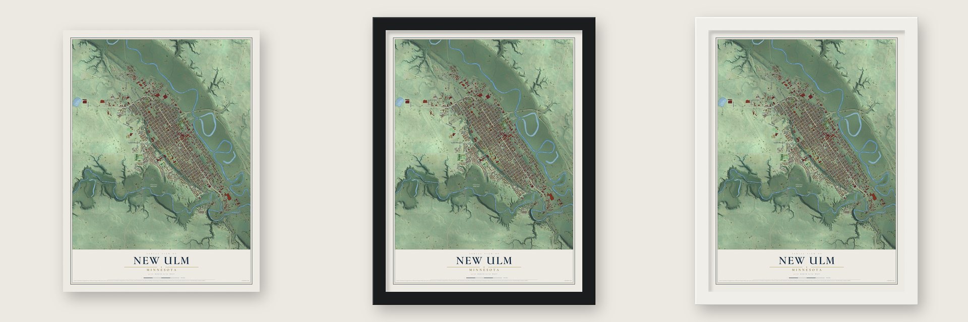 New Ulm, Minnesota map unframed, in a black wood frame and in a white wood frame