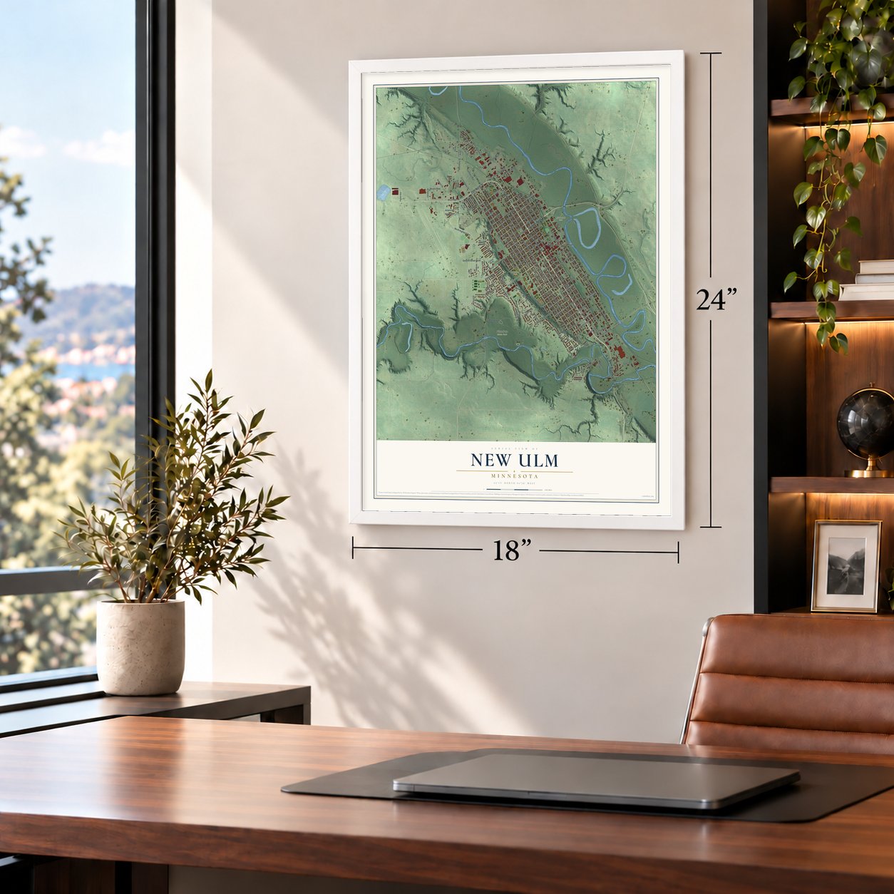 New Ulm, Minnesota map, 18 x 24 inch print in a white frame in a home office
