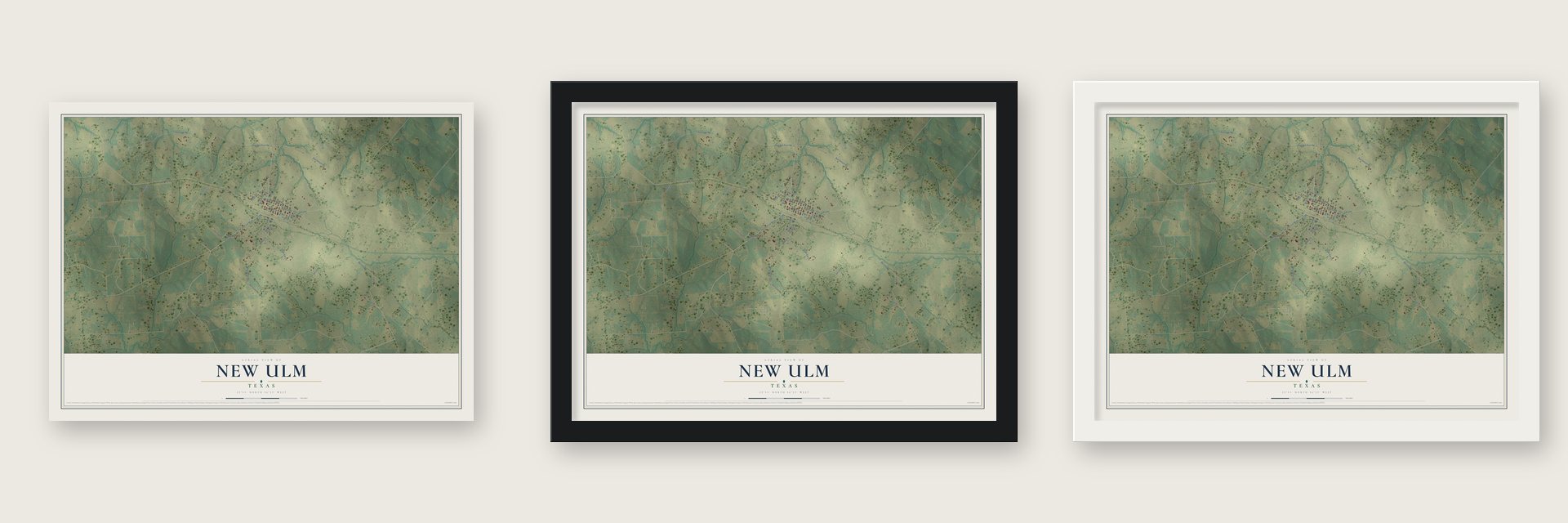 New Ulm, Texas map unframed, in a black wood frame and in a white wood frame