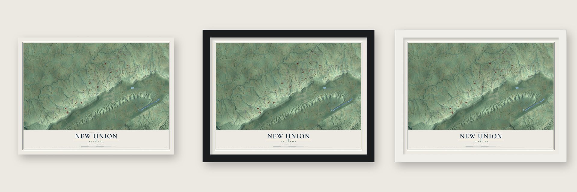 New Union, Alabama map unframed, in a black wood frame and in a white wood frame