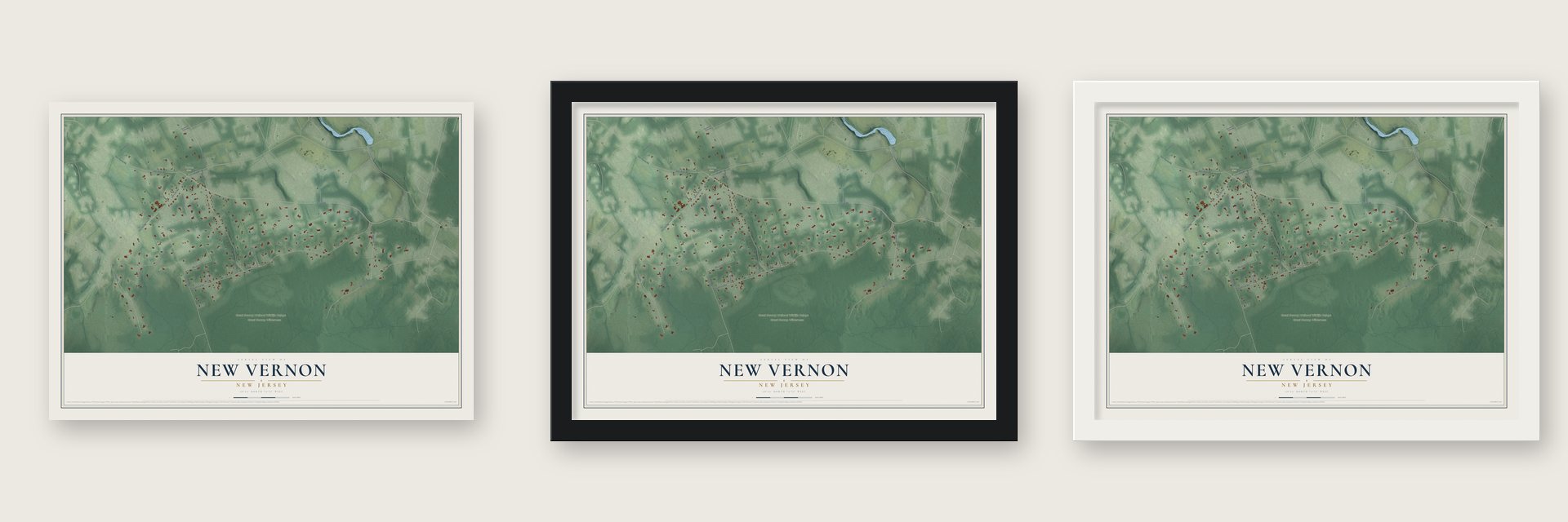 New Vernon, New Jersey map unframed, in a black wood frame and in a white wood frame