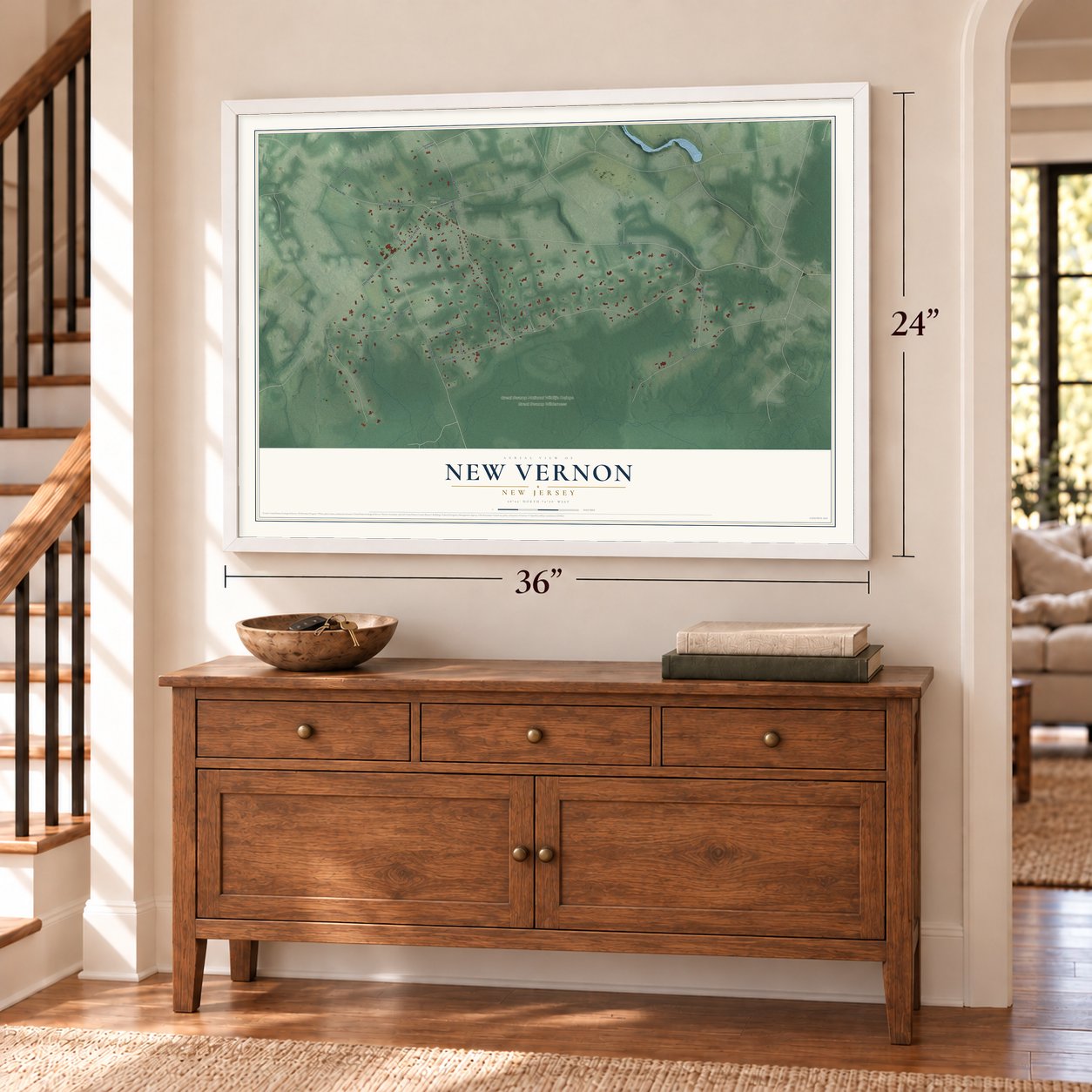 New Vernon, New Jersey map, 24 x 36 inch print in a white frame above a dresser by a staircase