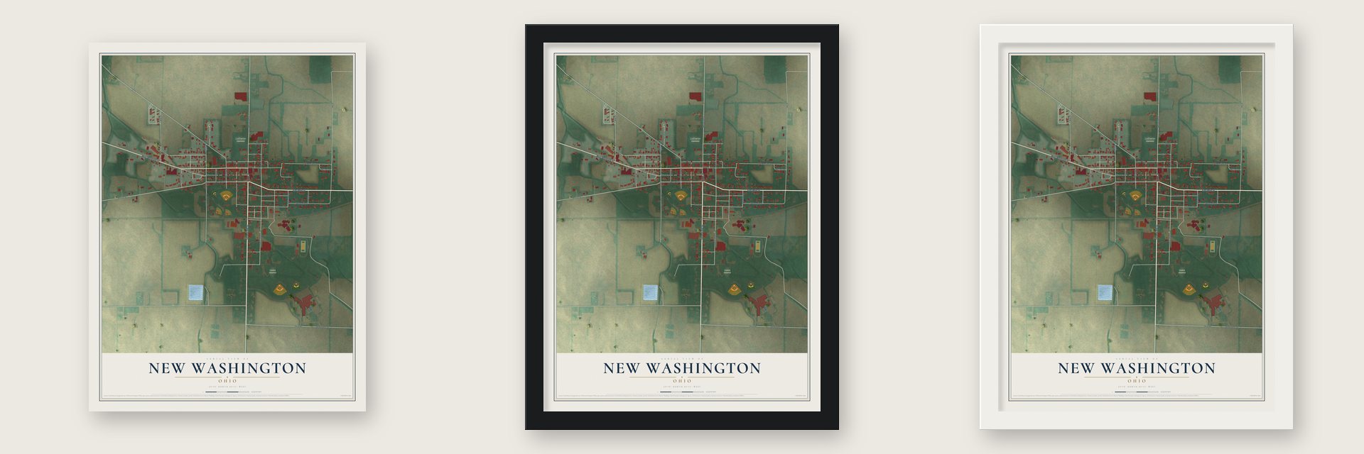 New Washington, Ohio map unframed, in a black wood frame and in a white wood frame