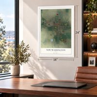 New Washington, Ohio map, 18 x 24 inch print in a white frame in a home office