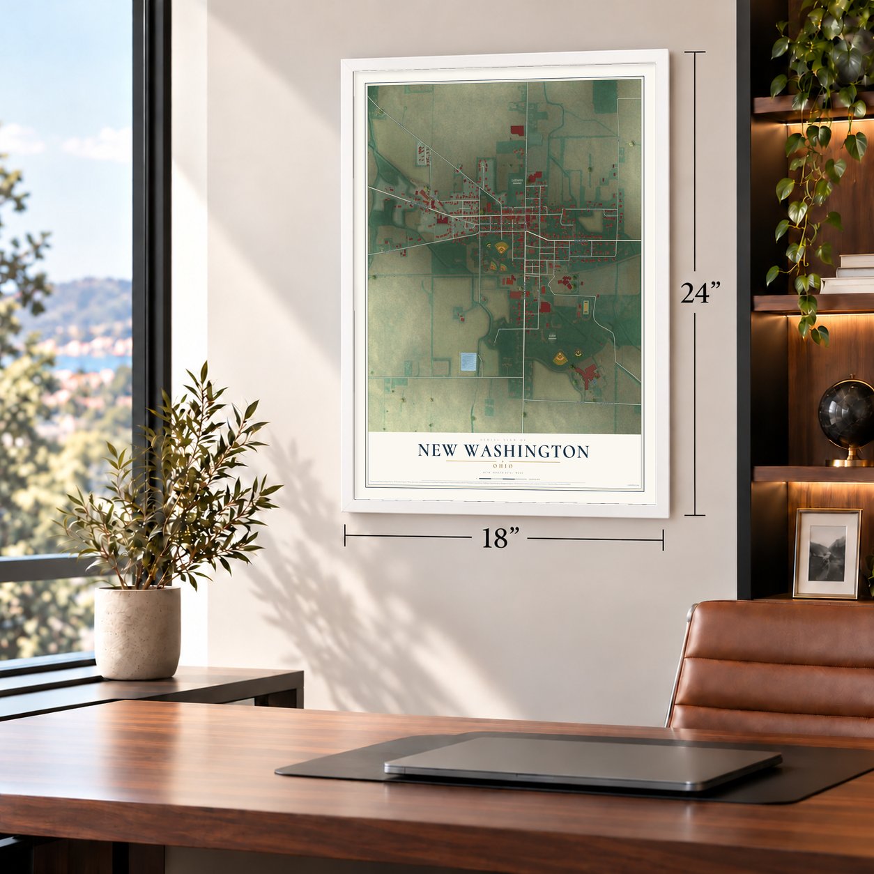New Washington, Ohio map, 18 x 24 inch print in a white frame in a home office