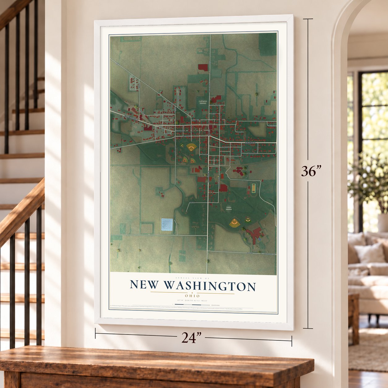 New Washington, Ohio map, 24 x 36 inch print in a white frame by a staircase