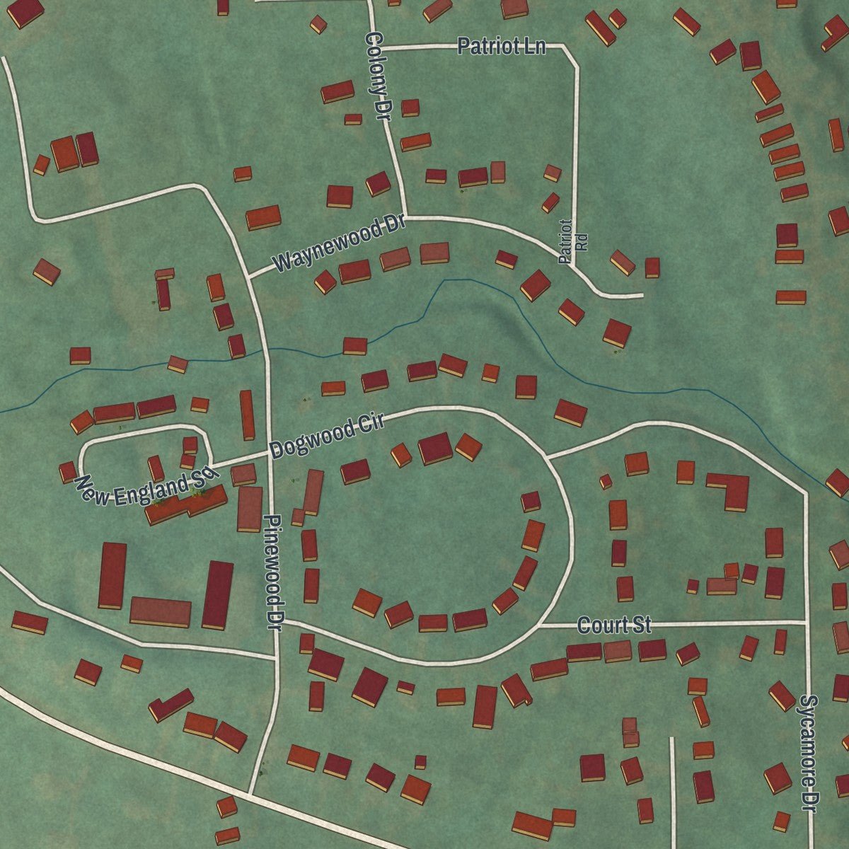 Second close-up of the map of New Waterford, Ohio print showing more streets and buildings