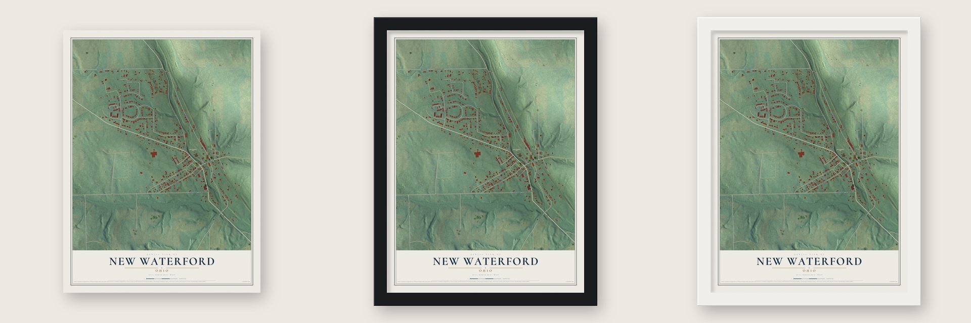 New Waterford, Ohio map unframed, in a black wood frame and in a white wood frame
