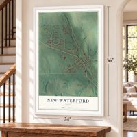 New Waterford, Ohio map, 24 x 36 inch print in a white frame by a staircase
