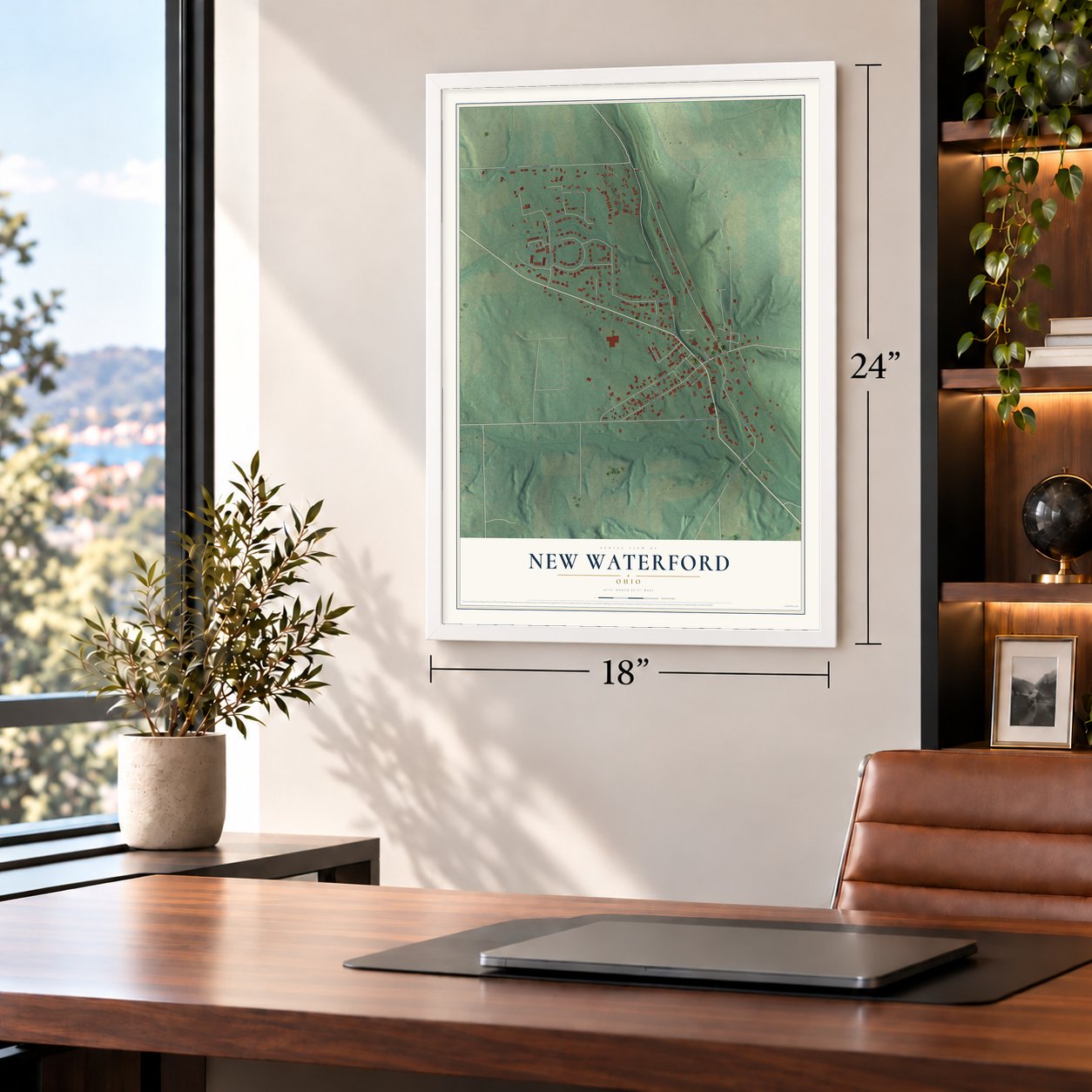 New Waterford, Ohio map, 18 x 24 inch print in a white frame in a home office