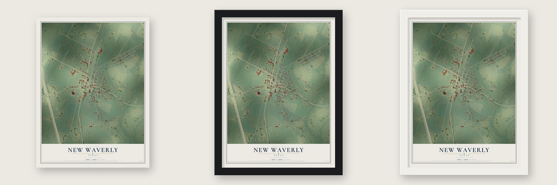 New Waverly, Texas map unframed, in a black wood frame and in a white wood frame