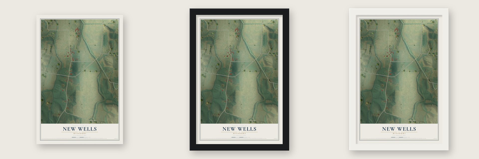 New Wells, Missouri map unframed, in a black wood frame and in a white wood frame