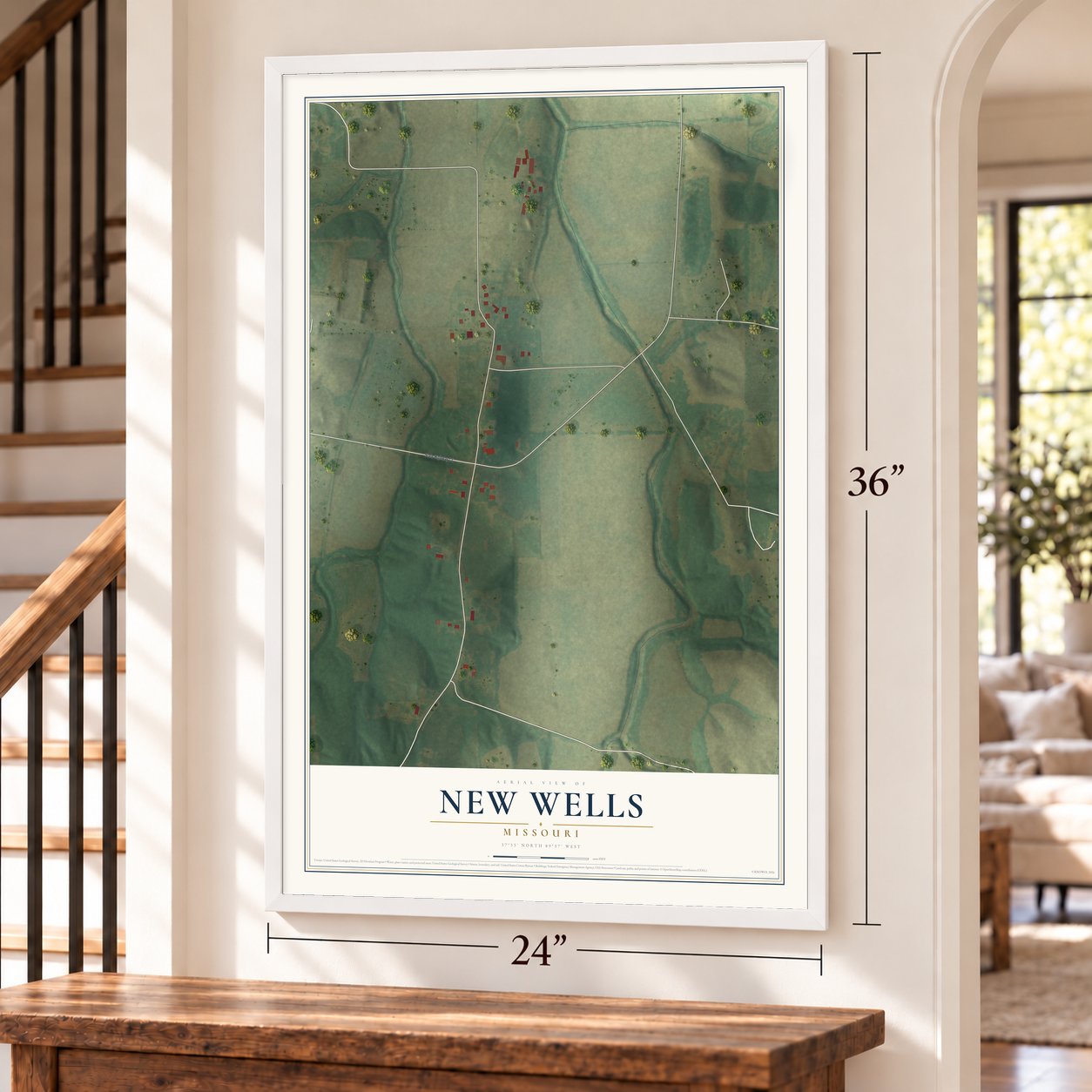 New Wells, Missouri map, 24 x 36 inch print in a white frame by a staircase
