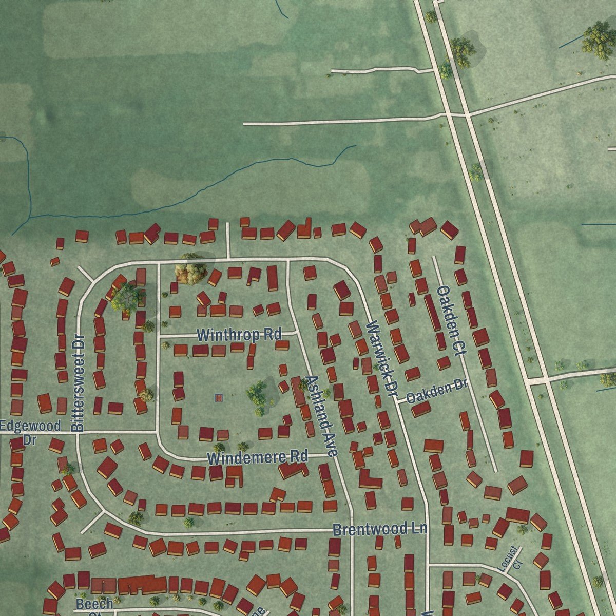Second close-up of the map of New Whiteland, Indiana print showing more streets and buildings