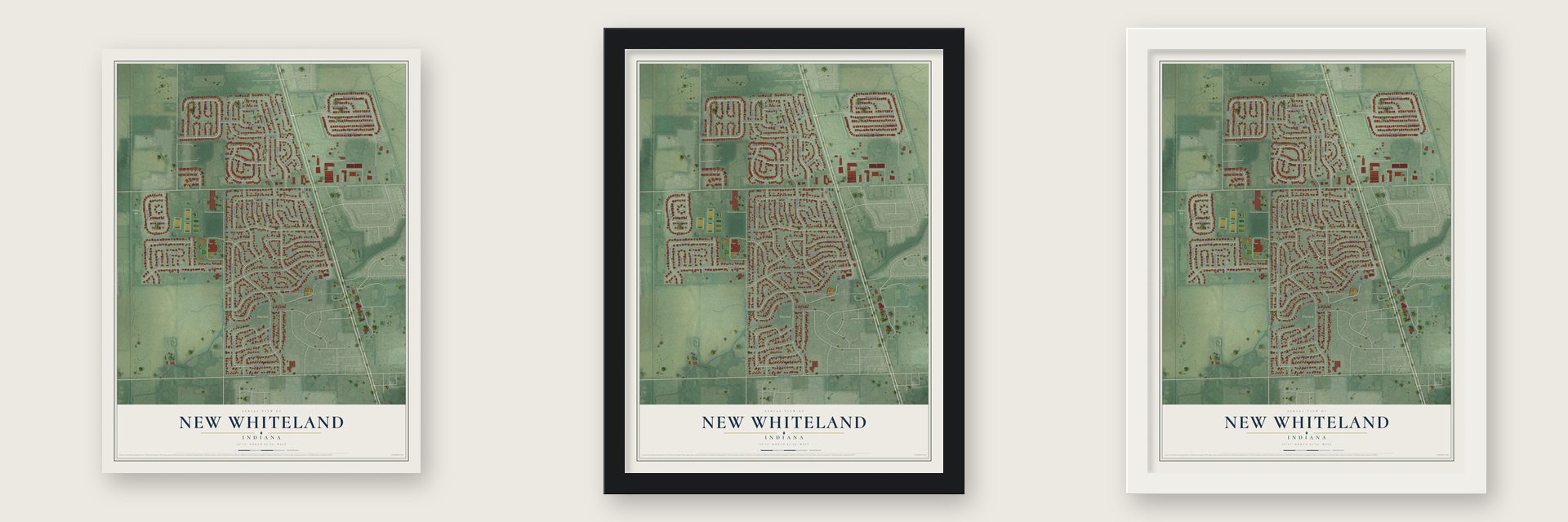 New Whiteland, Indiana map unframed, in a black wood frame and in a white wood frame
