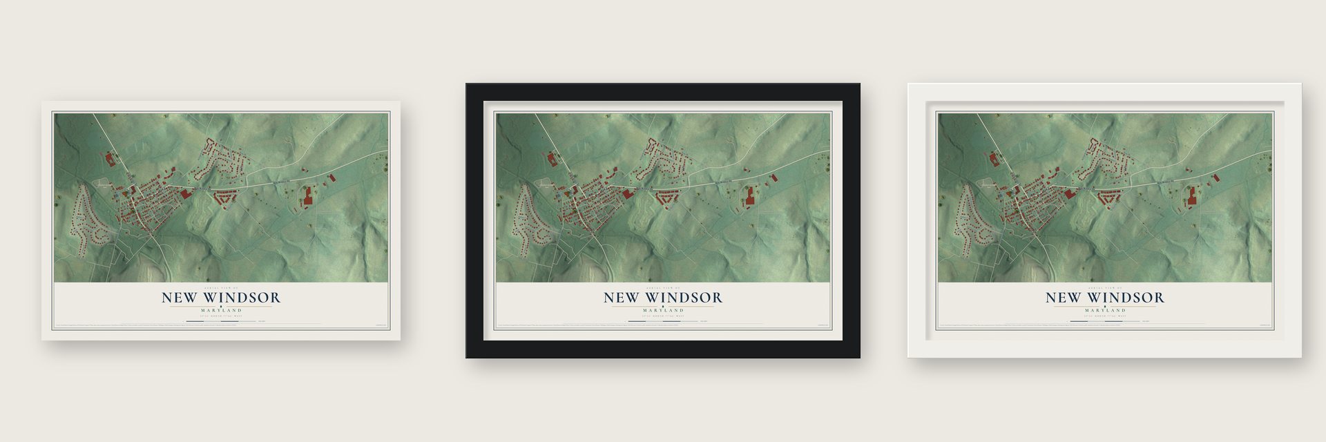 New Windsor, Maryland map unframed, in a black wood frame and in a white wood frame