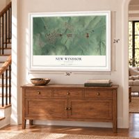 New Windsor, Maryland map, 24 x 36 inch print in a white frame above a dresser by a staircase