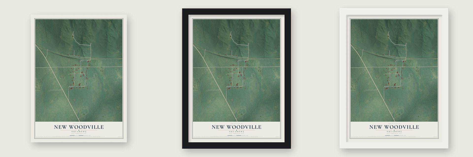 New Woodville, Oklahoma map unframed, in a black wood frame and in a white wood frame