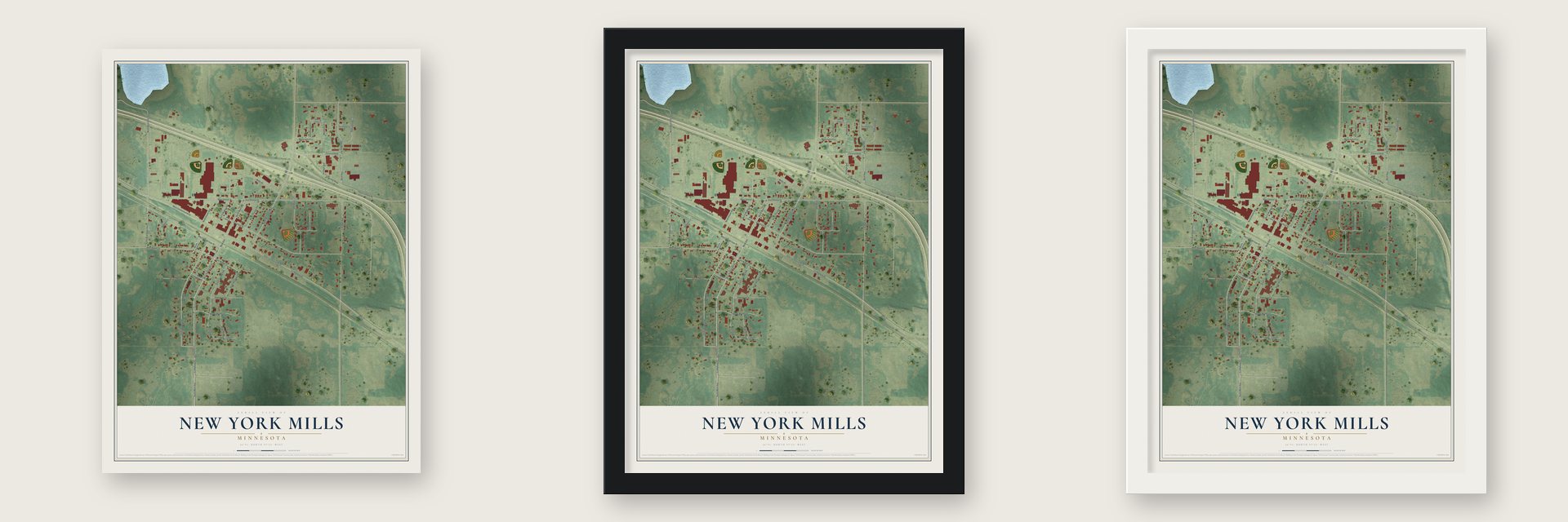 New York Mills, Minnesota map unframed, in a black wood frame and in a white wood frame