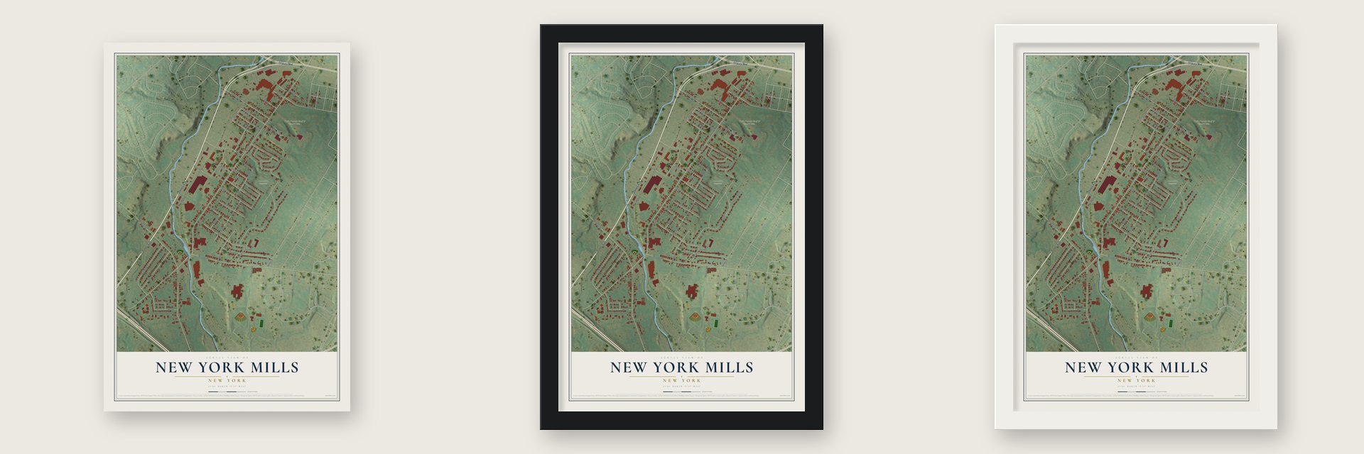 New York Mills, New York map unframed, in a black wood frame and in a white wood frame