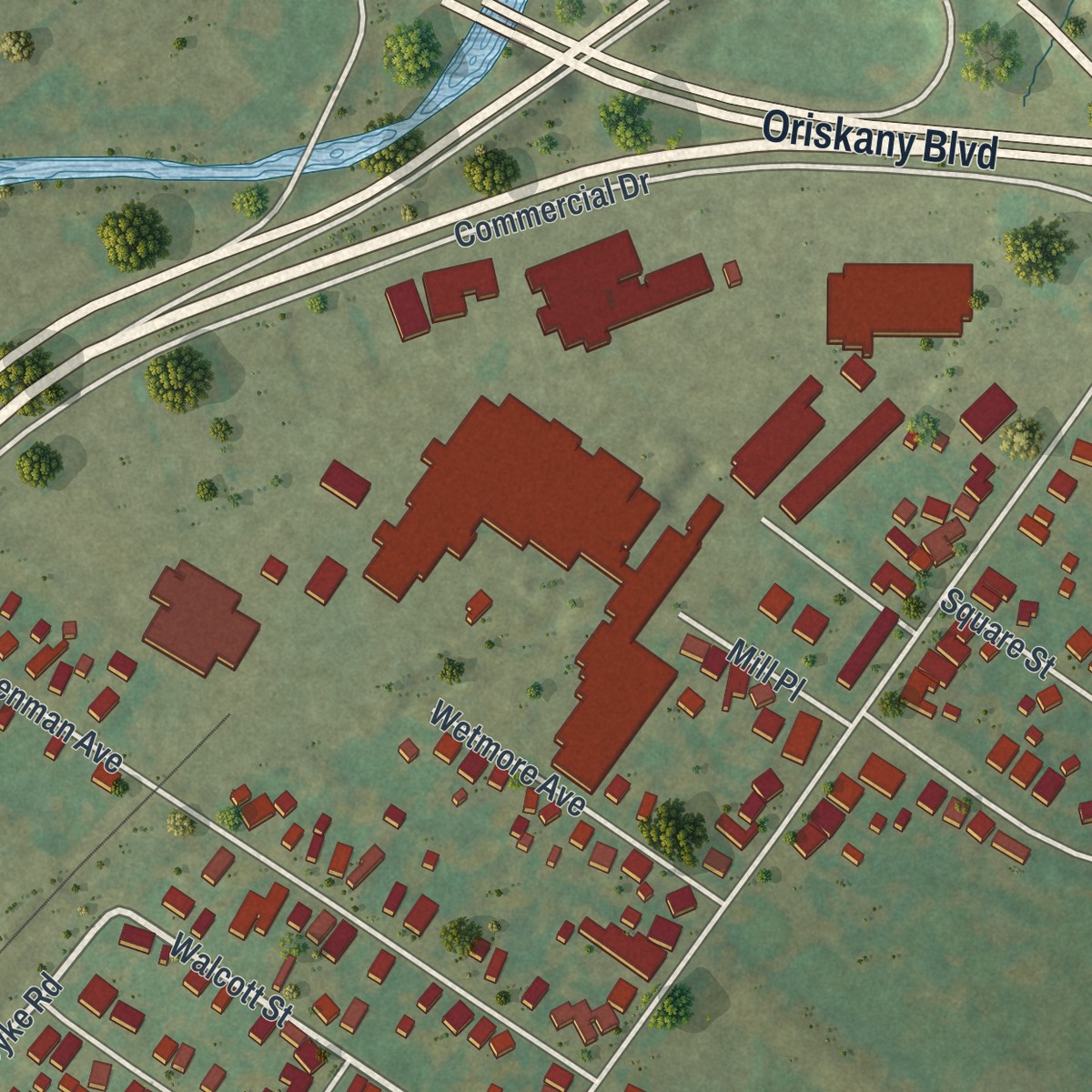 Second close-up of the map of New York Mills, New York print showing more streets and buildings