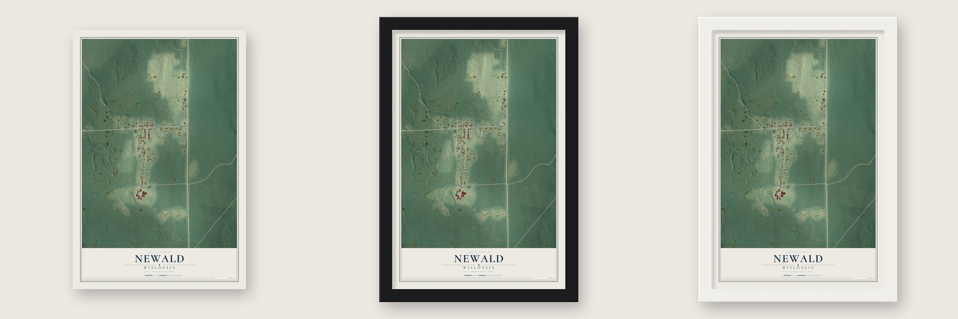 Newald, Wisconsin map unframed, in a black wood frame and in a white wood frame
