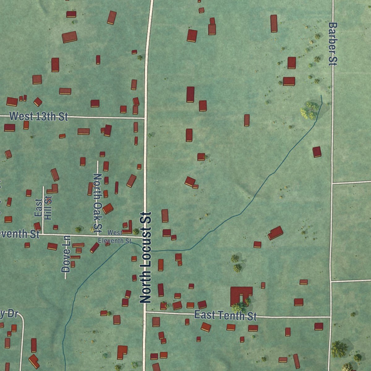 Second close-up of the map of Newark, Arkansas print showing more streets and buildings