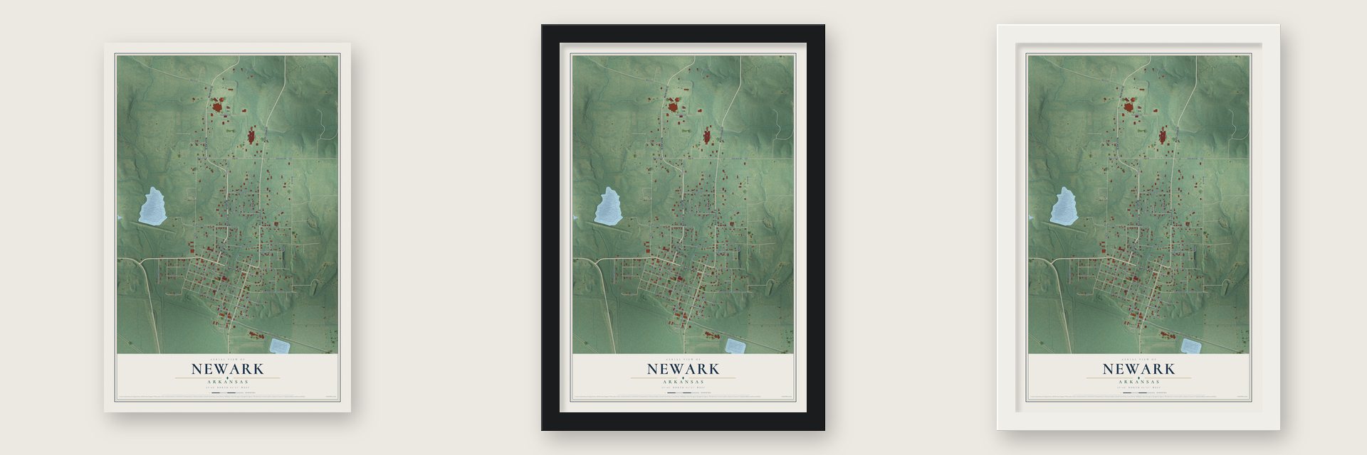 Newark, Arkansas map unframed, in a black wood frame and in a white wood frame