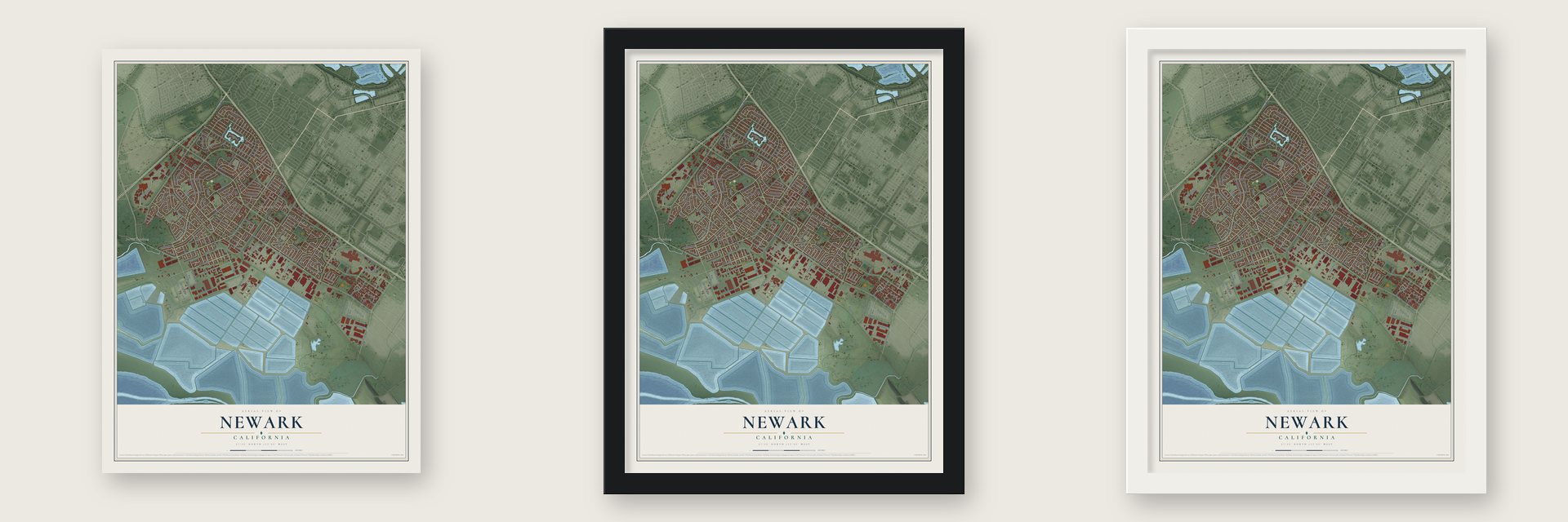 Newark, California map unframed, in a black wood frame and in a white wood frame