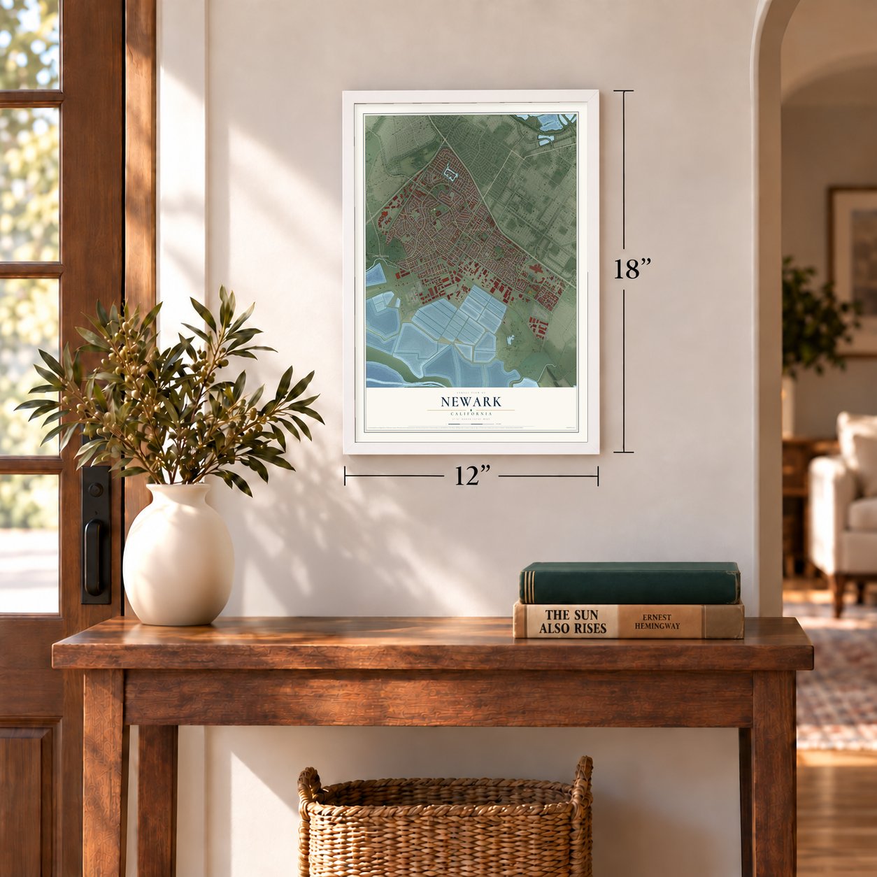 Newark, California map, 12 x 18 inch print in a white frame in an entryway