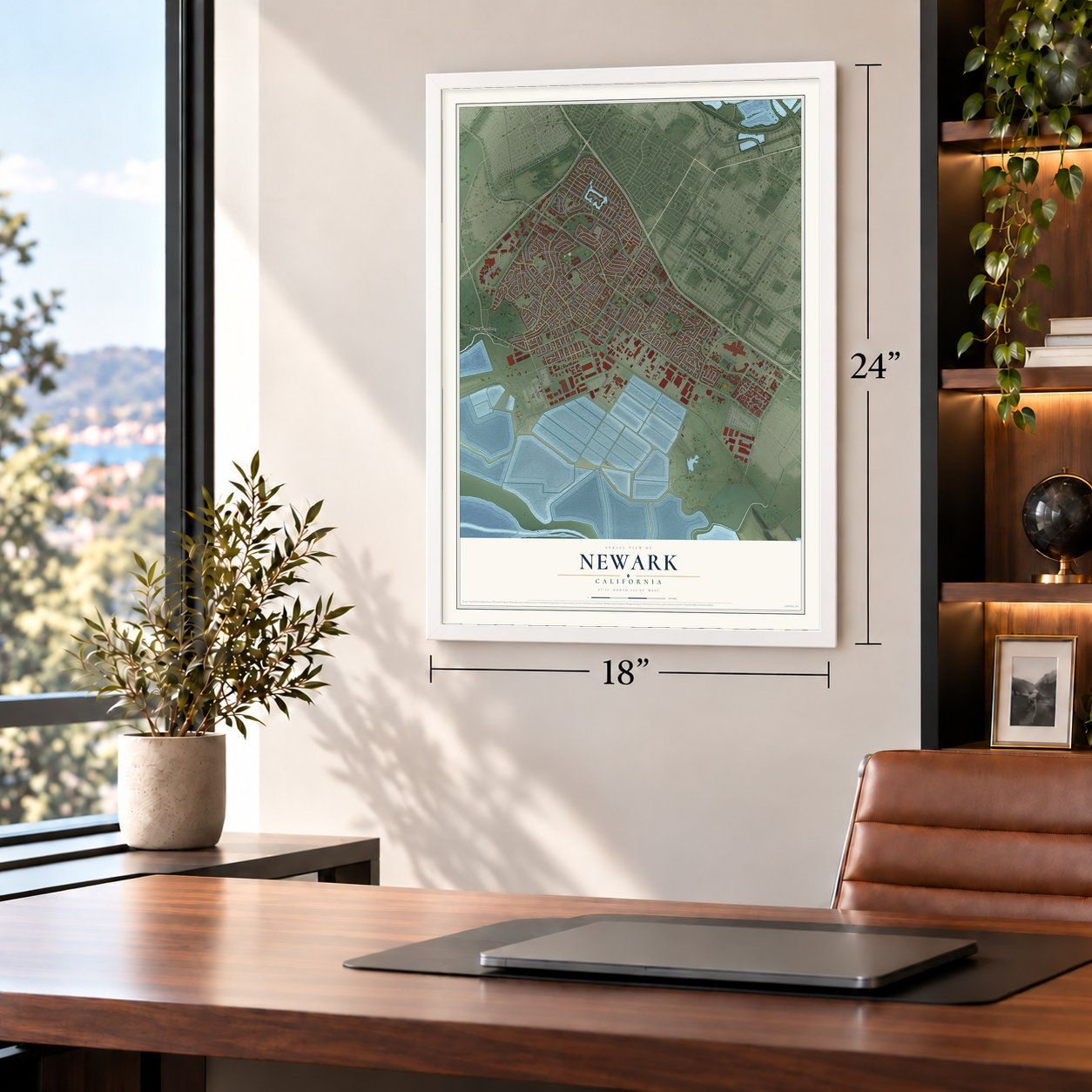 Newark, California map, 18 x 24 inch print in a white frame in a home office