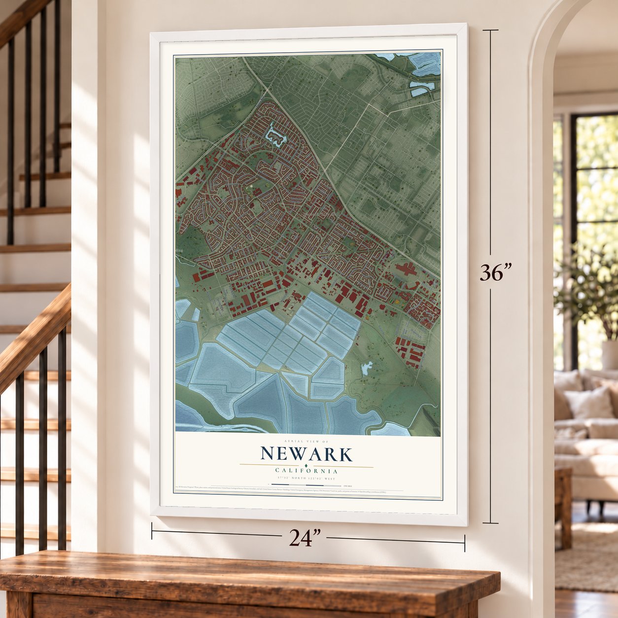 Newark, California map, 24 x 36 inch print in a white frame by a staircase