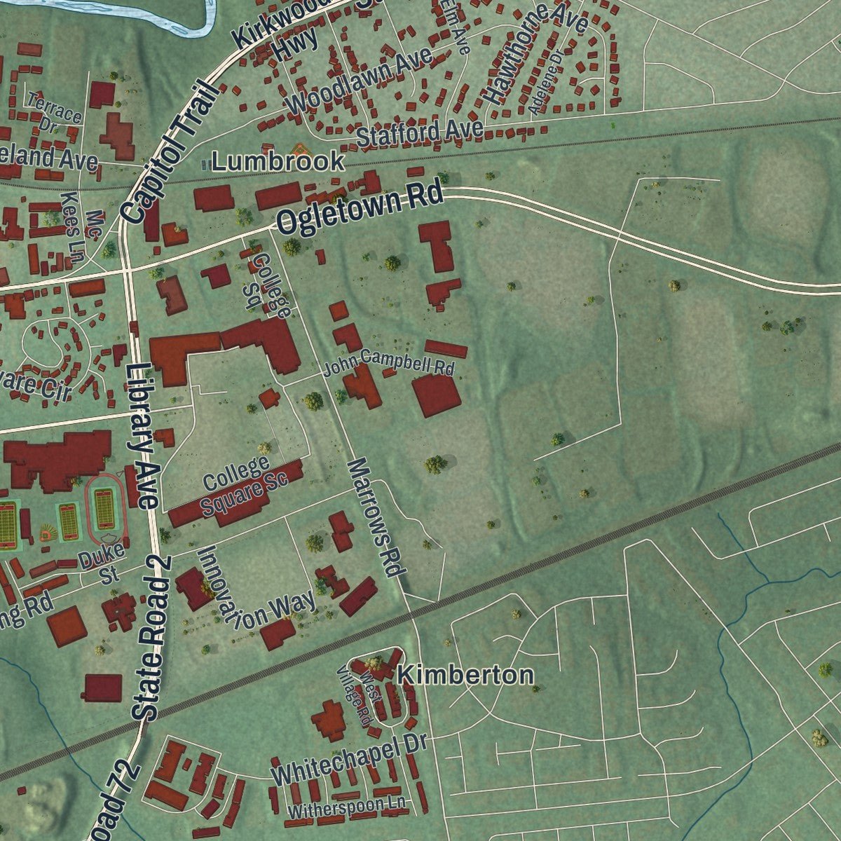 Second close-up of the map of Newark, Delaware print showing more streets and buildings