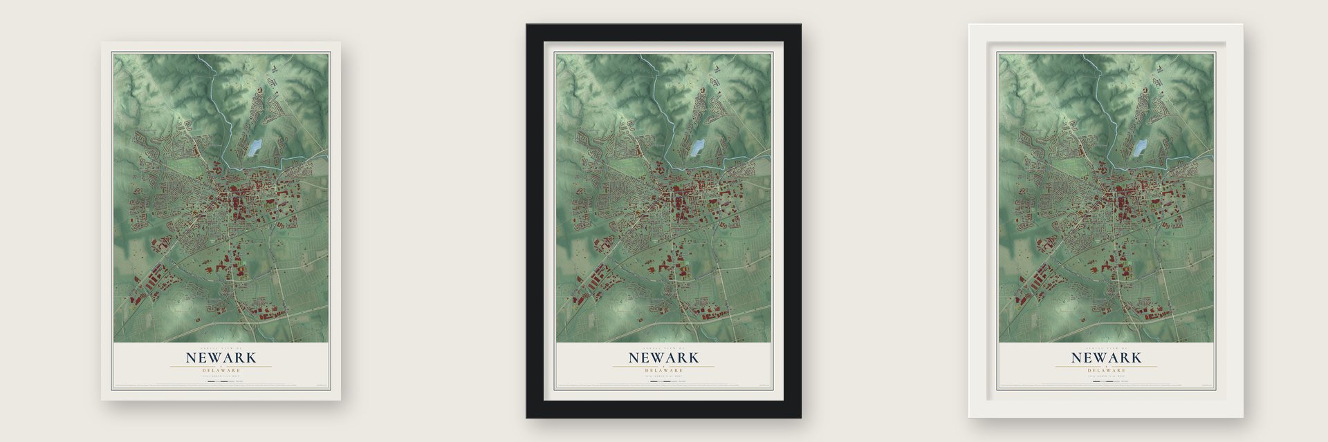 Newark, Delaware map unframed, in a black wood frame and in a white wood frame