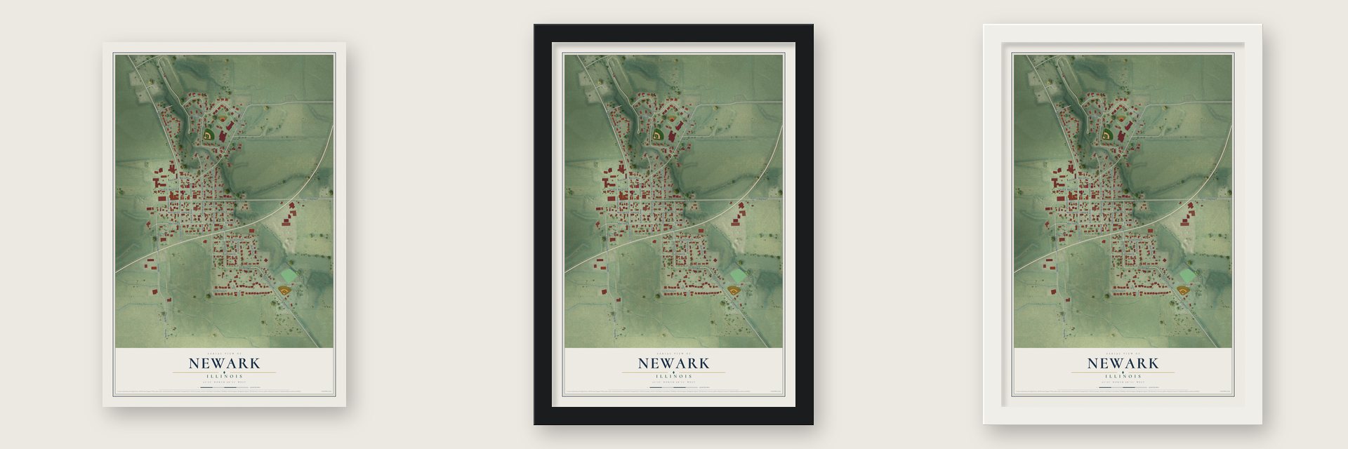 Newark, Illinois map unframed, in a black wood frame and in a white wood frame