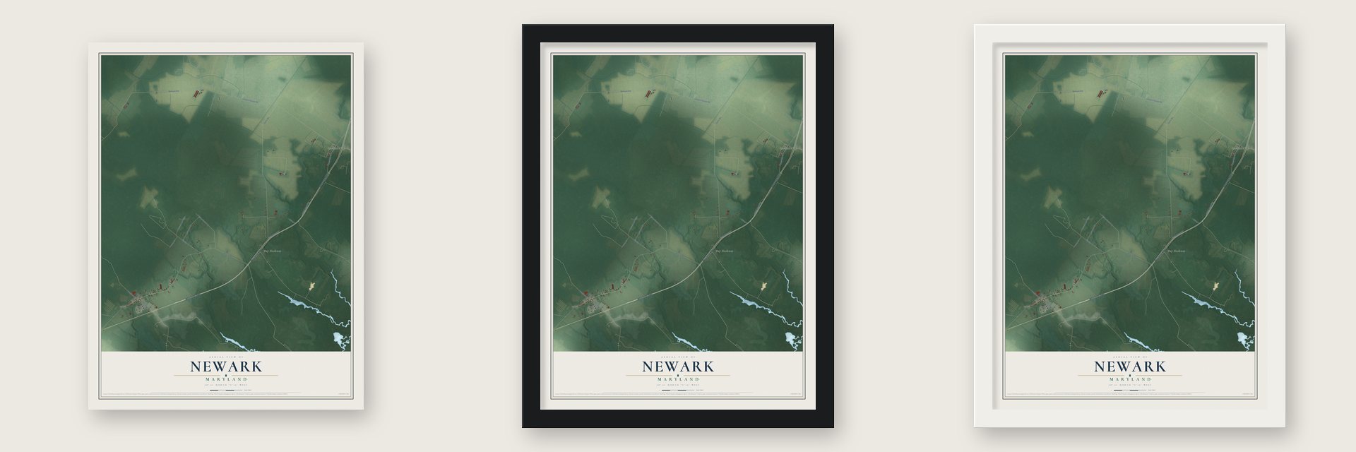 Newark, Maryland map unframed, in a black wood frame and in a white wood frame