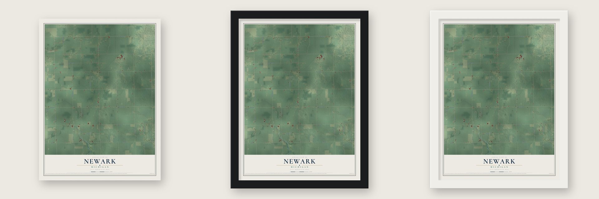 Newark, Michigan map unframed, in a black wood frame and in a white wood frame