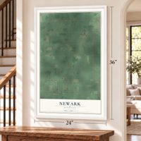 Newark, Michigan map, 24 x 36 inch print in a white frame by a staircase