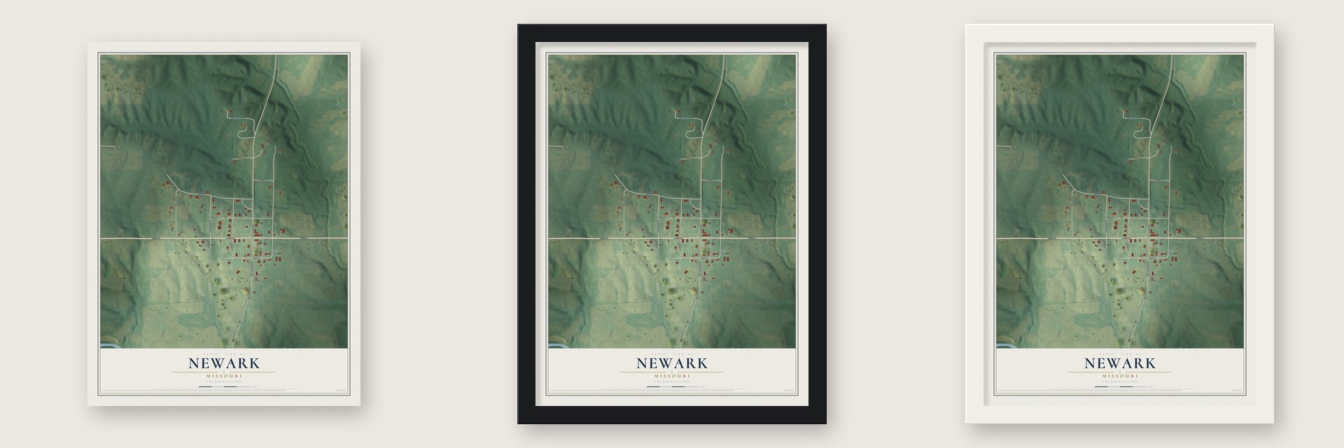 Newark, Missouri map unframed, in a black wood frame and in a white wood frame