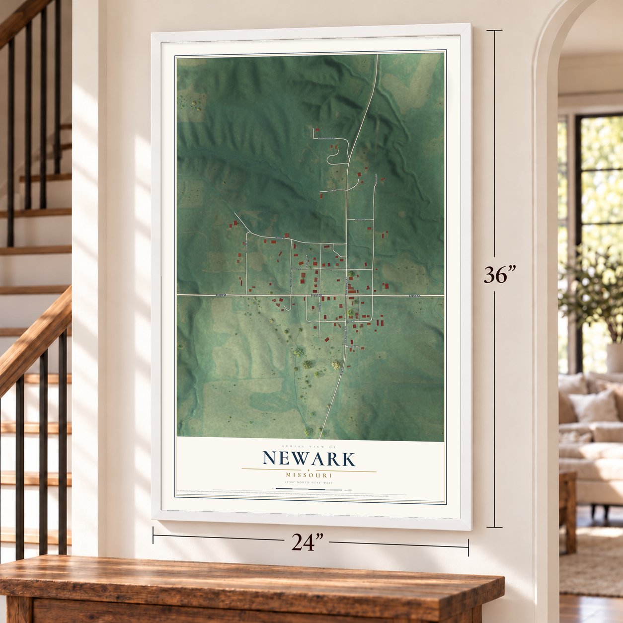 Newark, Missouri map, 24 x 36 inch print in a white frame by a staircase