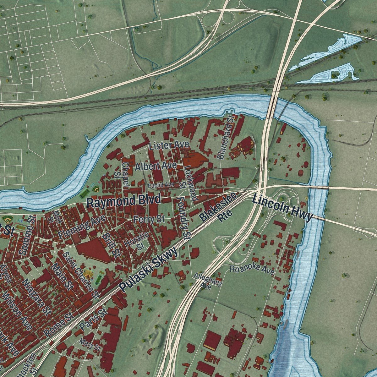 Second close-up of the map of Newark, New Jersey print showing more streets and buildings