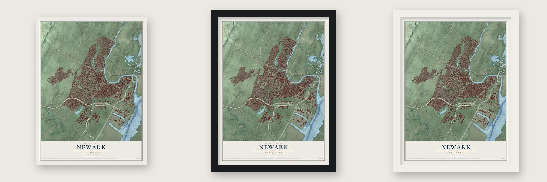 Newark, New Jersey map unframed, in a black wood frame and in a white wood frame