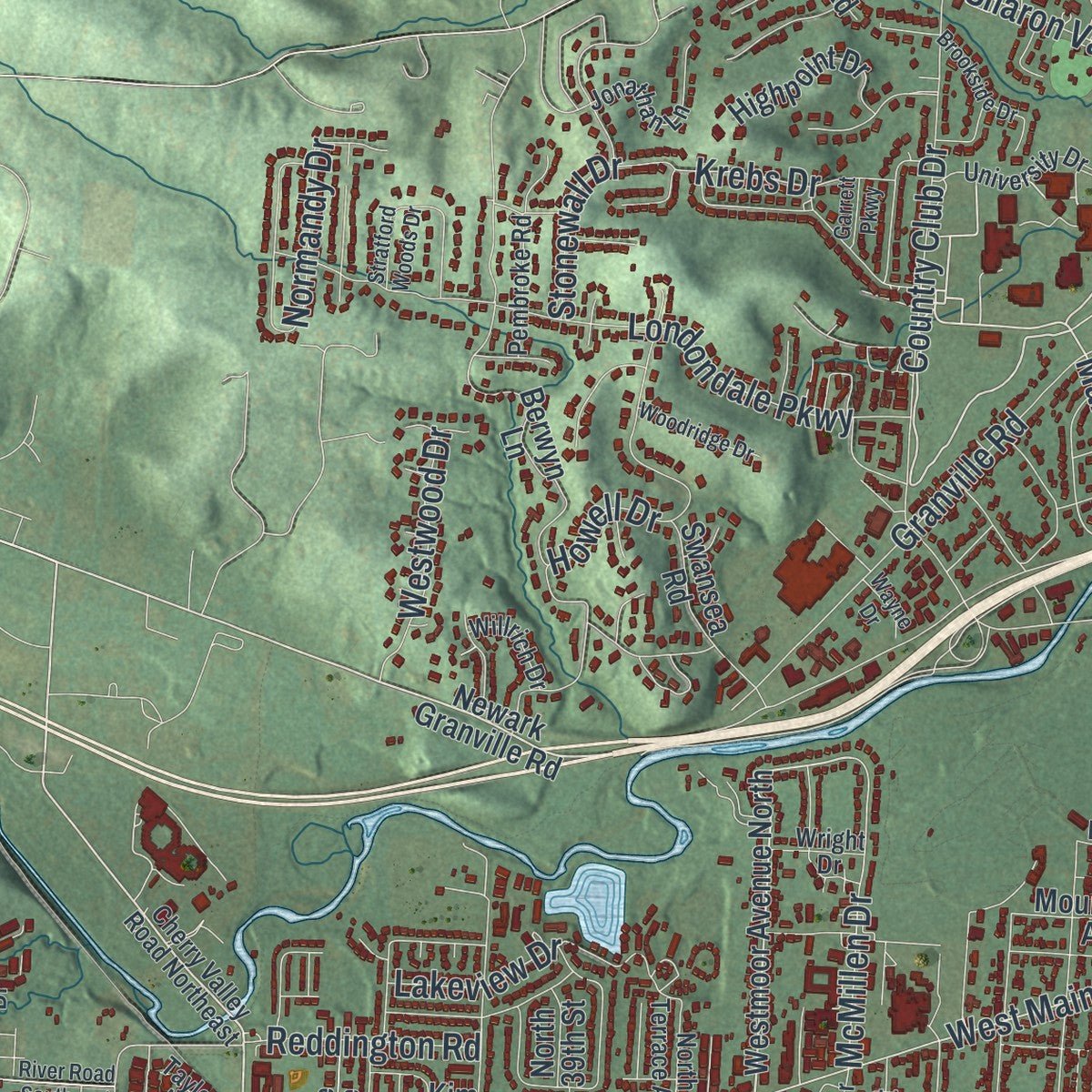 Second close-up of the map of Newark, Ohio print showing more streets and buildings