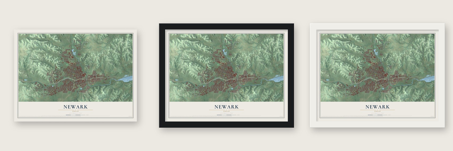 Newark, Ohio map unframed, in a black wood frame and in a white wood frame